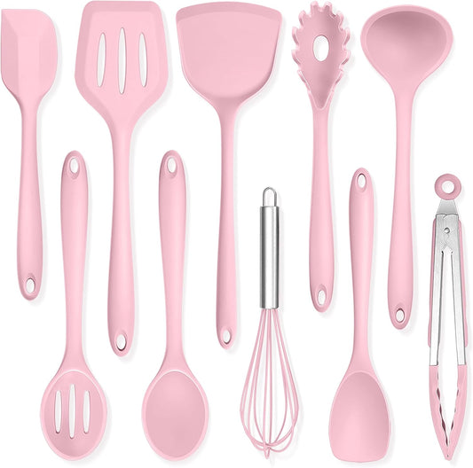 TeamFar Kitchen Cooking Utensils, 10 pcs Silicone Cooking Utensils Set, 446°F Heat Resistant Kitchen Gadgets Tools Set w/Spatula, Turners, Spoons, Soup Ladle, Pasta Server for Nonstick Cookware, Pink