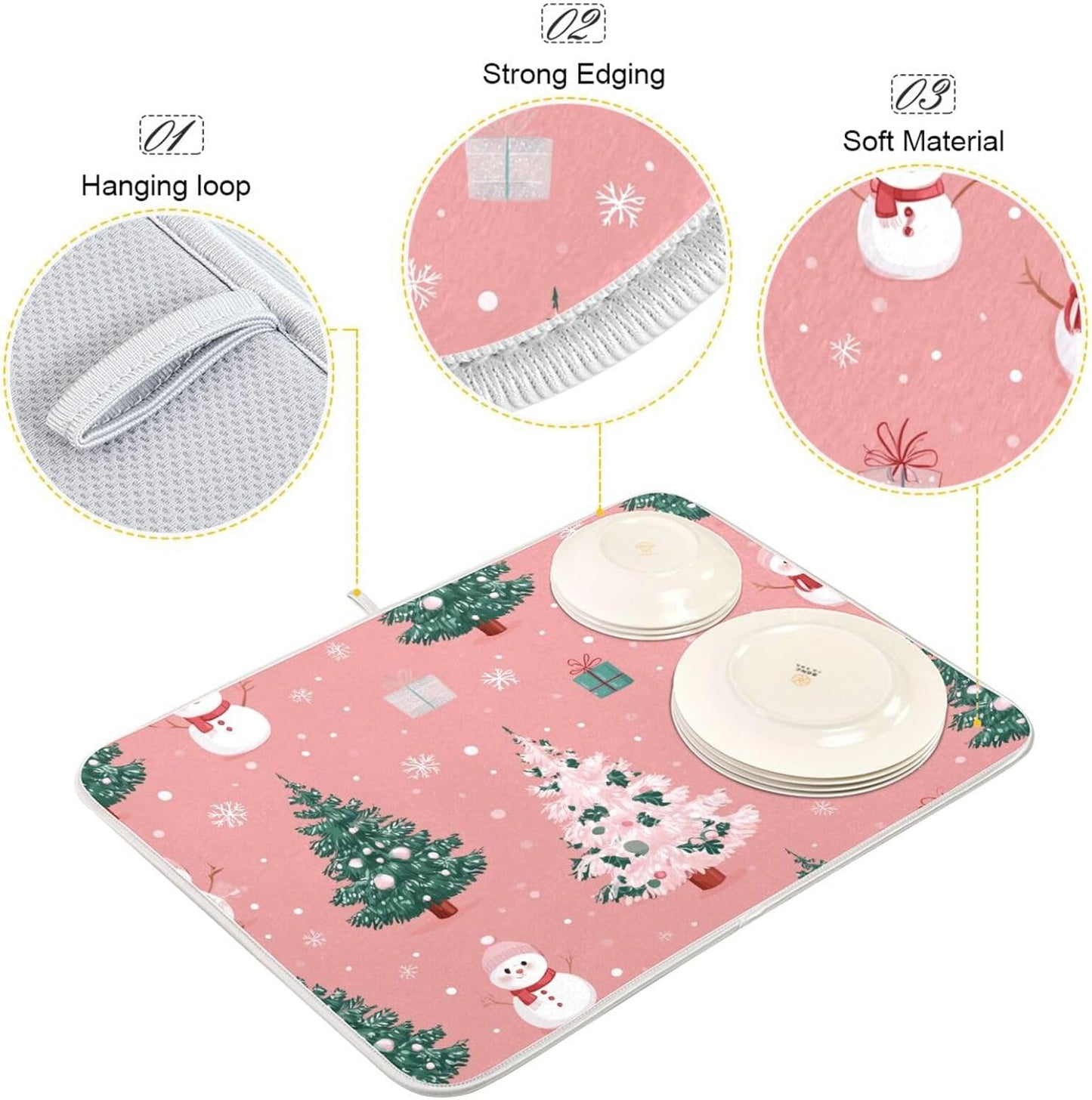 Christmas Tree with Snowman Dish Drying Mat Super Absorbent Drying Mat 18x24 inch Large Dish Drying Mats for Kitchen Counter Dish Drying Pads Kitchen Drying Matt for Countertop