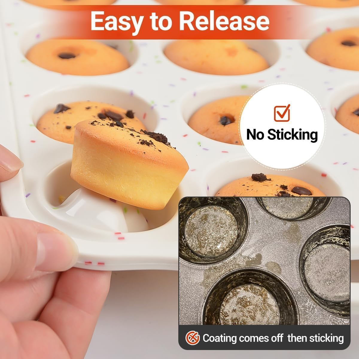 CAKETIME Mini Muffin Pan, Metal Reinforced Frame Mini Cupcake Pans 24 Cups Nonstick Muffin Silicone Molds with Handle for Baking Muffins, Cupcakes, Egg Bites 2 Pack
