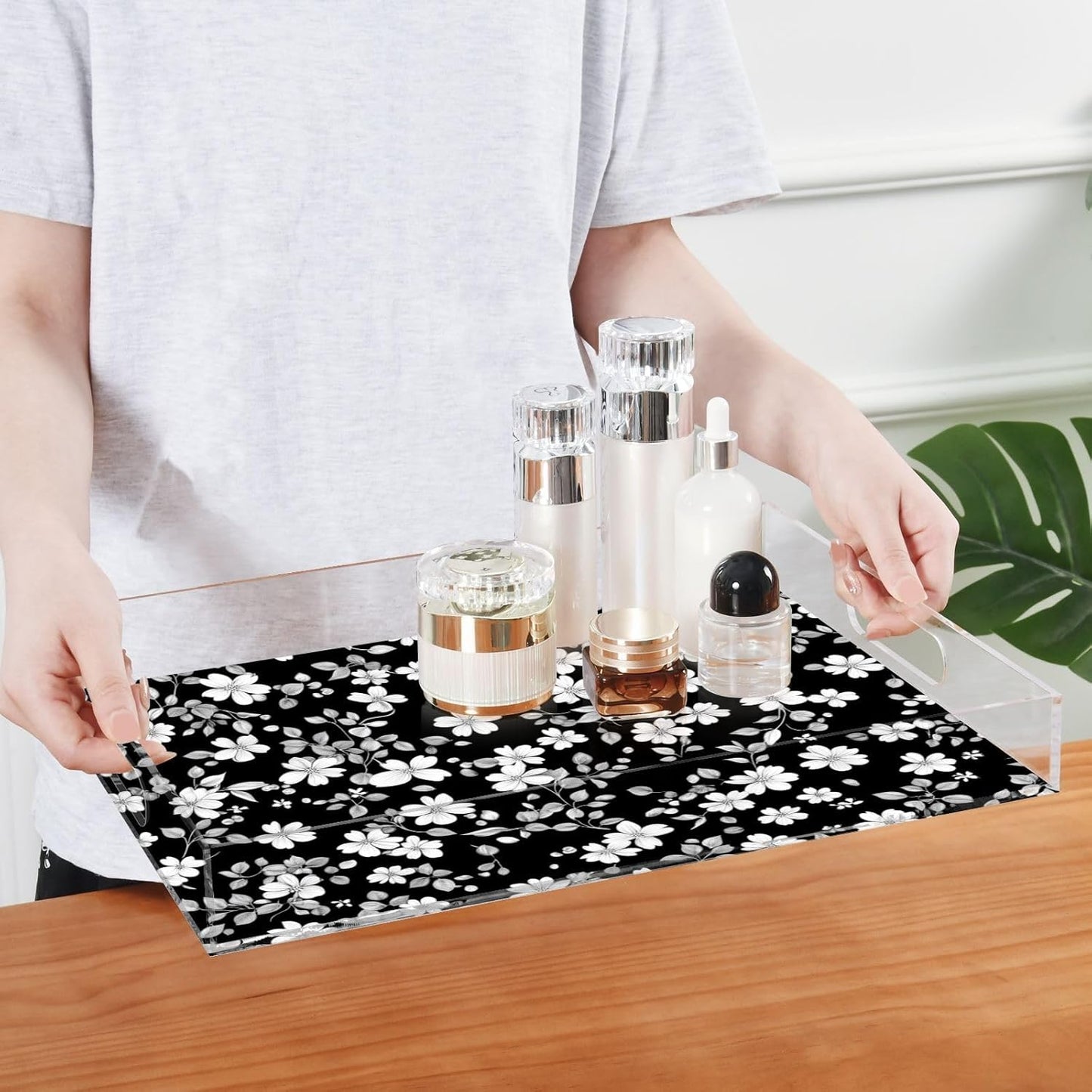 Acrylic Serving Tray with Handles Spill Proof Kitchen Storage Tray Clear Decorative Tray Makeup Drawer Organizer Storage Tray for Bathroom Living Room Ottoman 15.7x11.8Inches