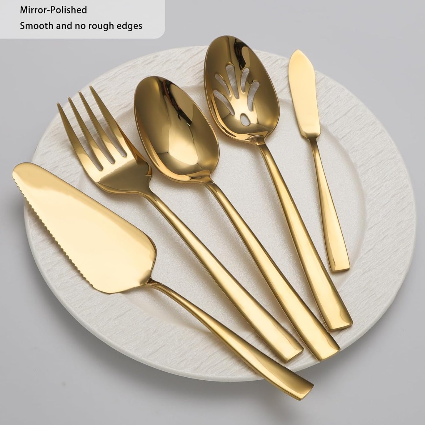 Large Hostess Serving Utensils Set, Stainless Steel Heavy Duty Serving spoons, Slotted Spoons, Serving Fork, Cake Server, Butter Knife, Dishwasher Safe (Gold)