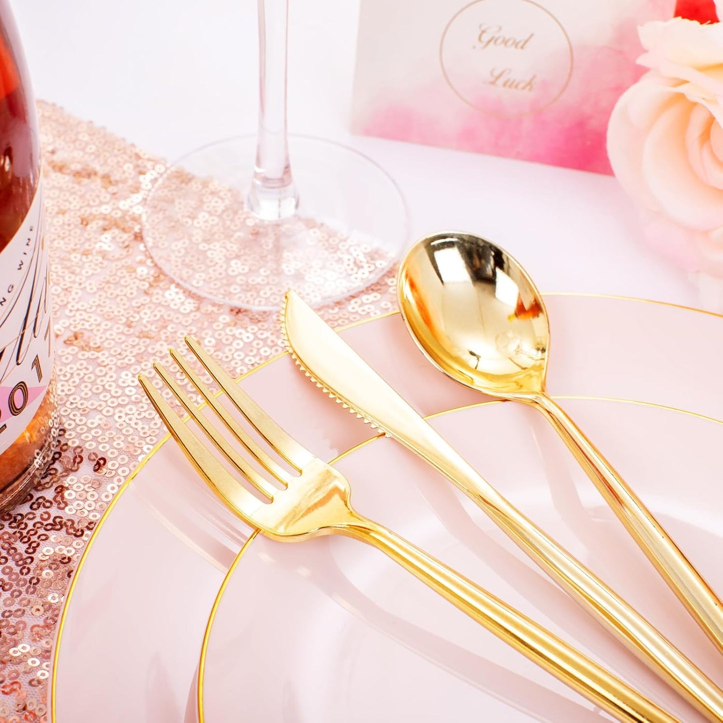 I00000 30 Guests Pink Plastic Plates for Party,Heavy Duty Pink Disposable Plates,Gold Dinnerware Set Include 30 Dinner Plates,30 Dessert Plates,30 Gold Plastic Silverware Set for Party.