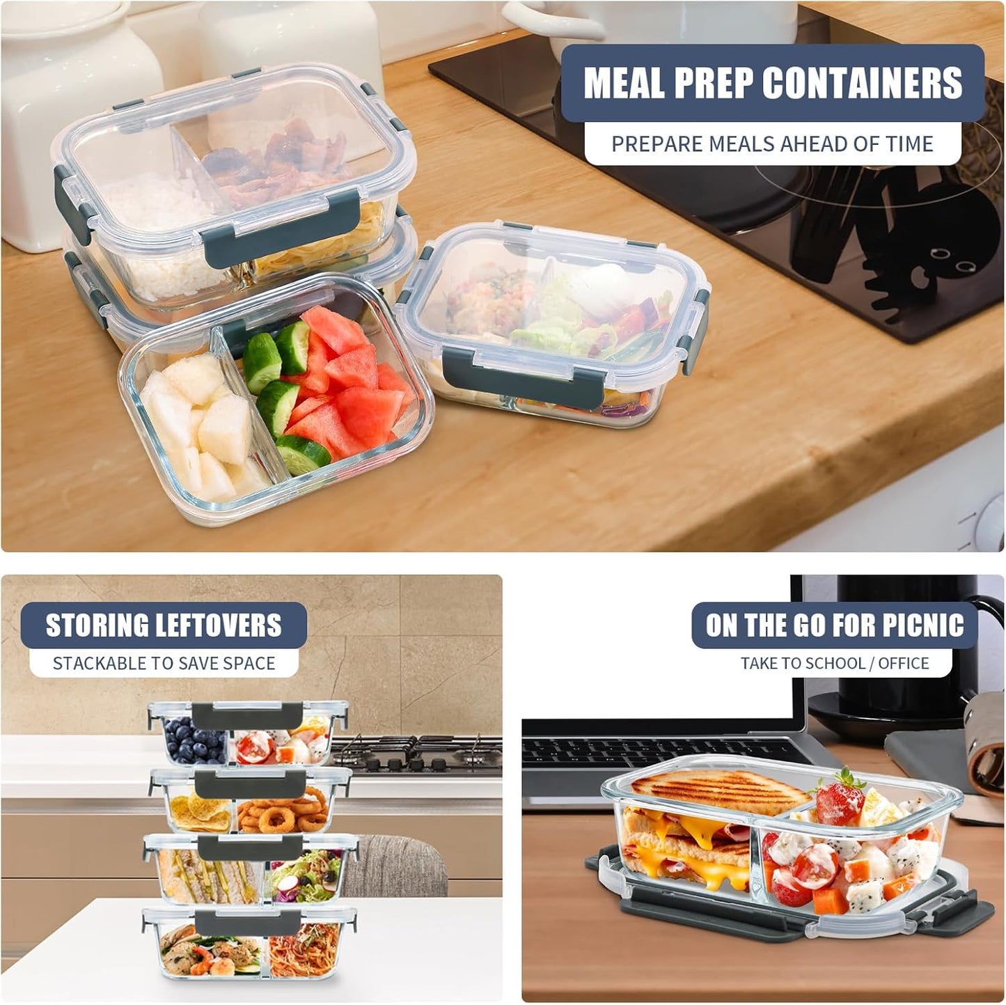 2 Compartment Glass Meal Prep Containers, 6 Pack Reusable Food Storage Containers with Lids, Lunch Containers for Adults, Portion Control, Airtight, Freezer to Microwave Safe(34oz+22oz)