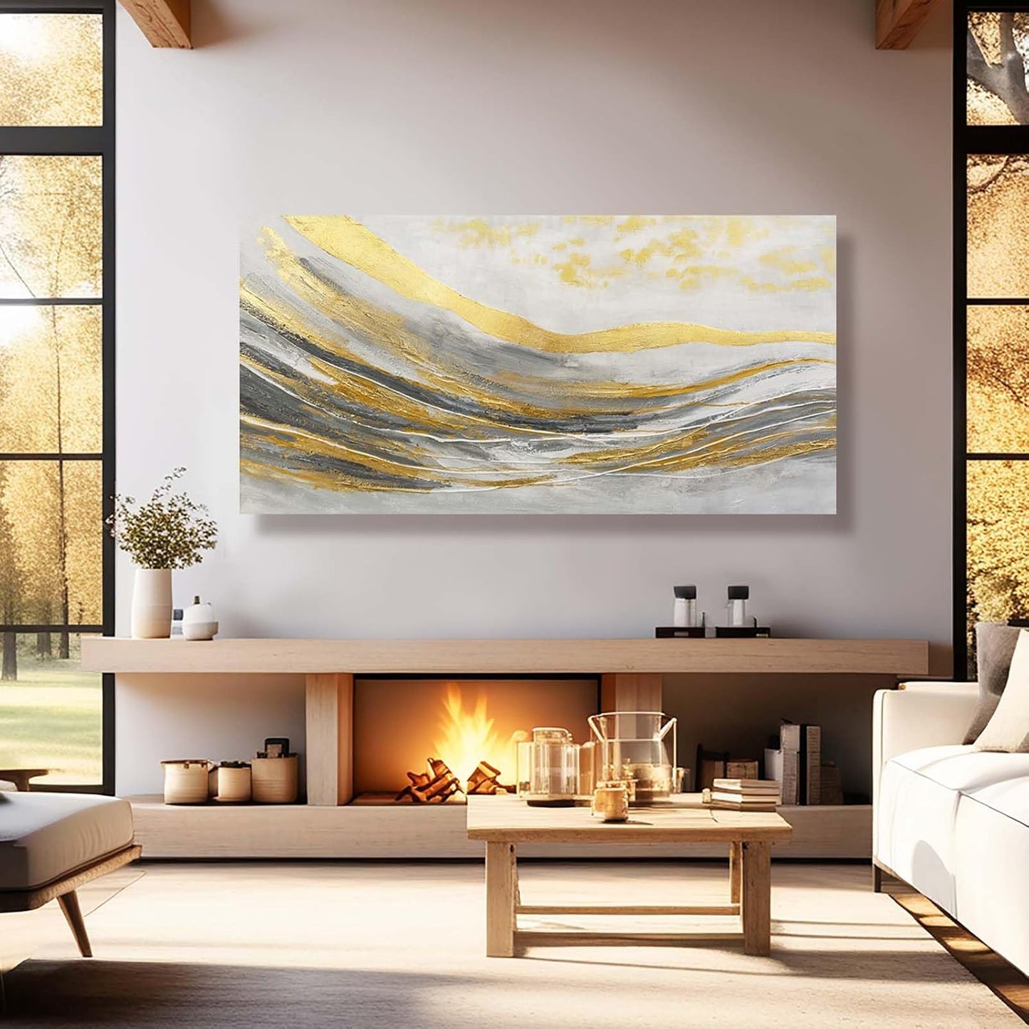 Abstract Wall Decorations Line Wall Art Prints Grey and Gold Canvas Wall Pictures 24"x48" Large Artwork for Living Room Office Decor