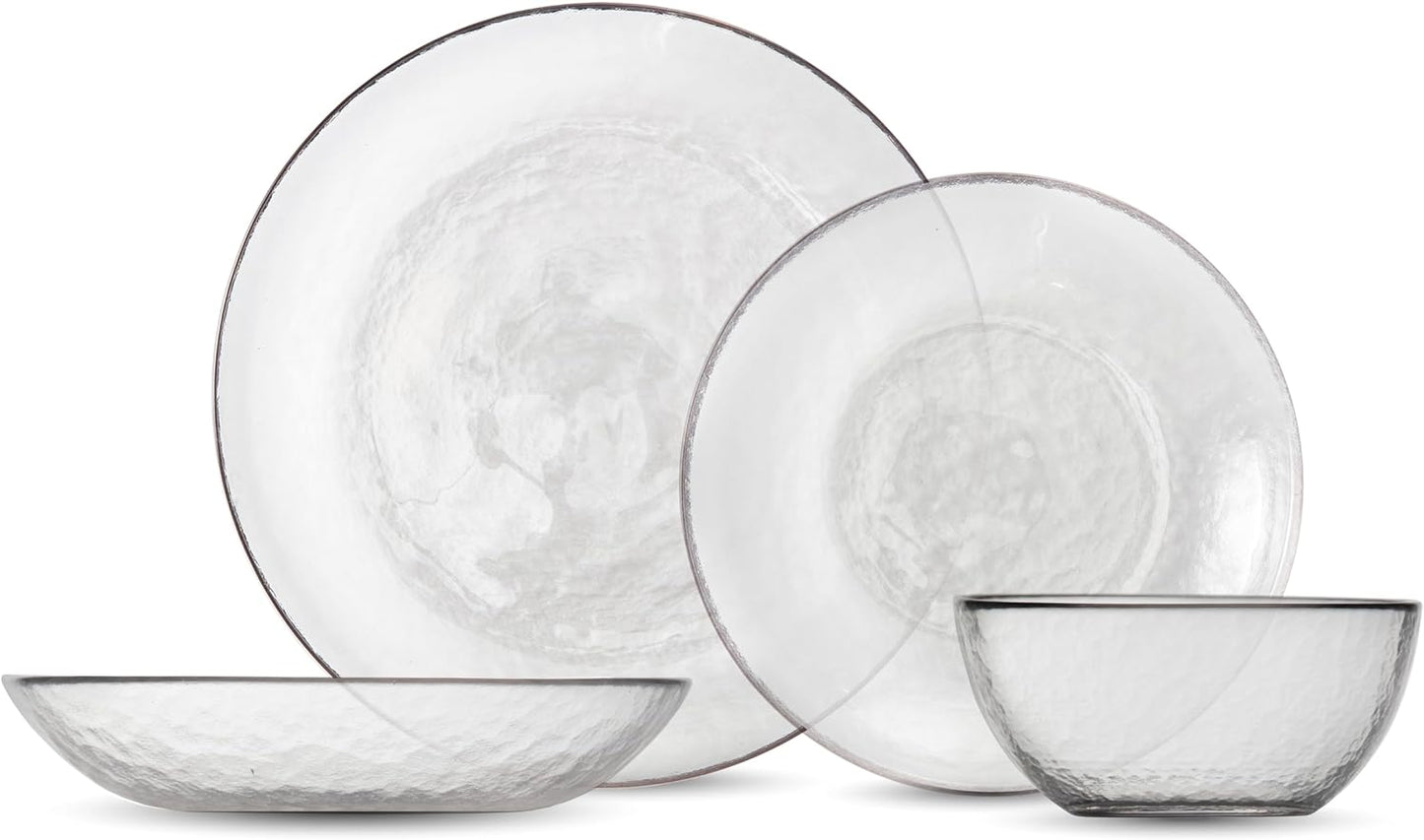 FORTESSA Los Cabos Tableware, 16-Piece Glass Dinnerware Set with 4 Dinner Plates, 4 Salad Plates, 4 Coupe Bowls and 4 Cereal Bowls, Dishwasher-Safe Glass Plate Set, Clear