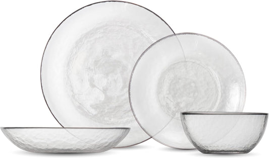 FORTESSA Los Cabos Tableware, 16-Piece Glass Dinnerware Set with 4 Dinner Plates, 4 Salad Plates, 4 Coupe Bowls and 4 Cereal Bowls, Dishwasher-Safe Glass Plate Set, Clear