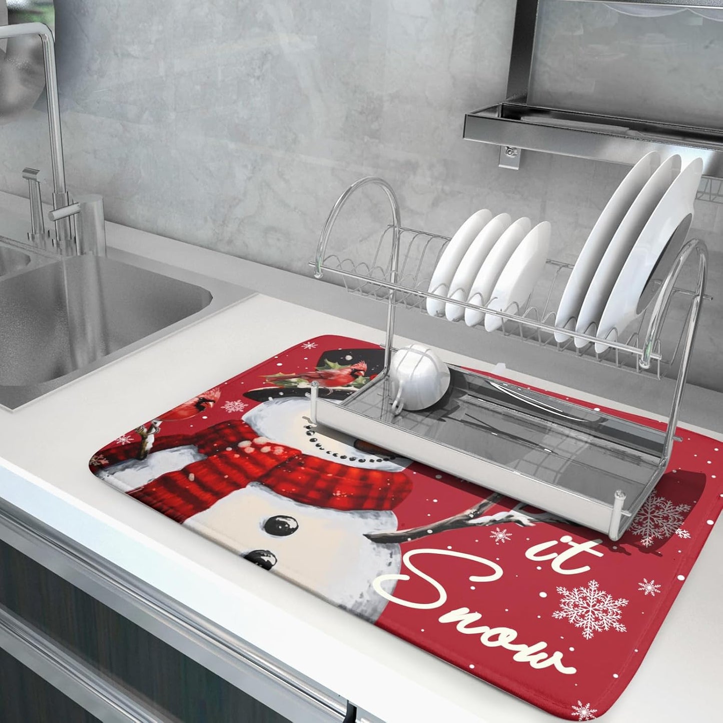 Christmas Snowman Dish Drying Mats for Kitchen Counter 18×24 Inch Snowflake Let It Snow Large Microfiber Drying Mat Kitchen Accessories Dish Rack Mat Drainer Pad Washable Absorbent