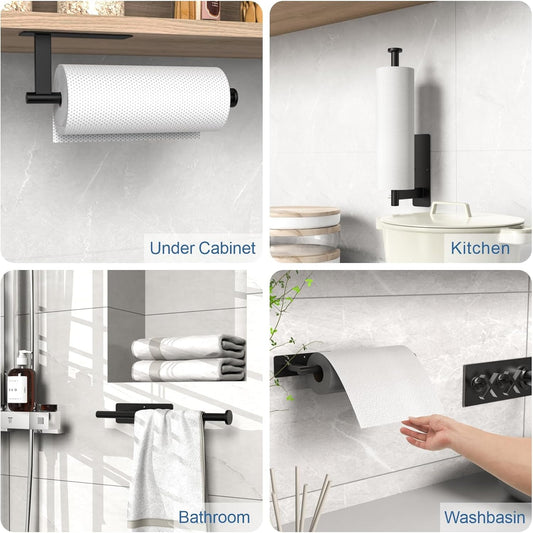 Paper Towel Holder Under Cabinet 2 Pack, Upgraded Self Adhesive Paper Towel Holder Wall Mount for Kitchen, Bathroom, RV, Bend-Resistant, Self-Adhesive or Drill mounting