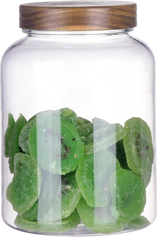 64 Fluid Ounces Unbreakable & Dishwasher Safe Plastic Apothecary Jar with Wooden Airtight Screw Top Lid, 0.5 Gallon Food Storage Canister for Sugar, Coffee, Cookie, Cereal, Flour Containers