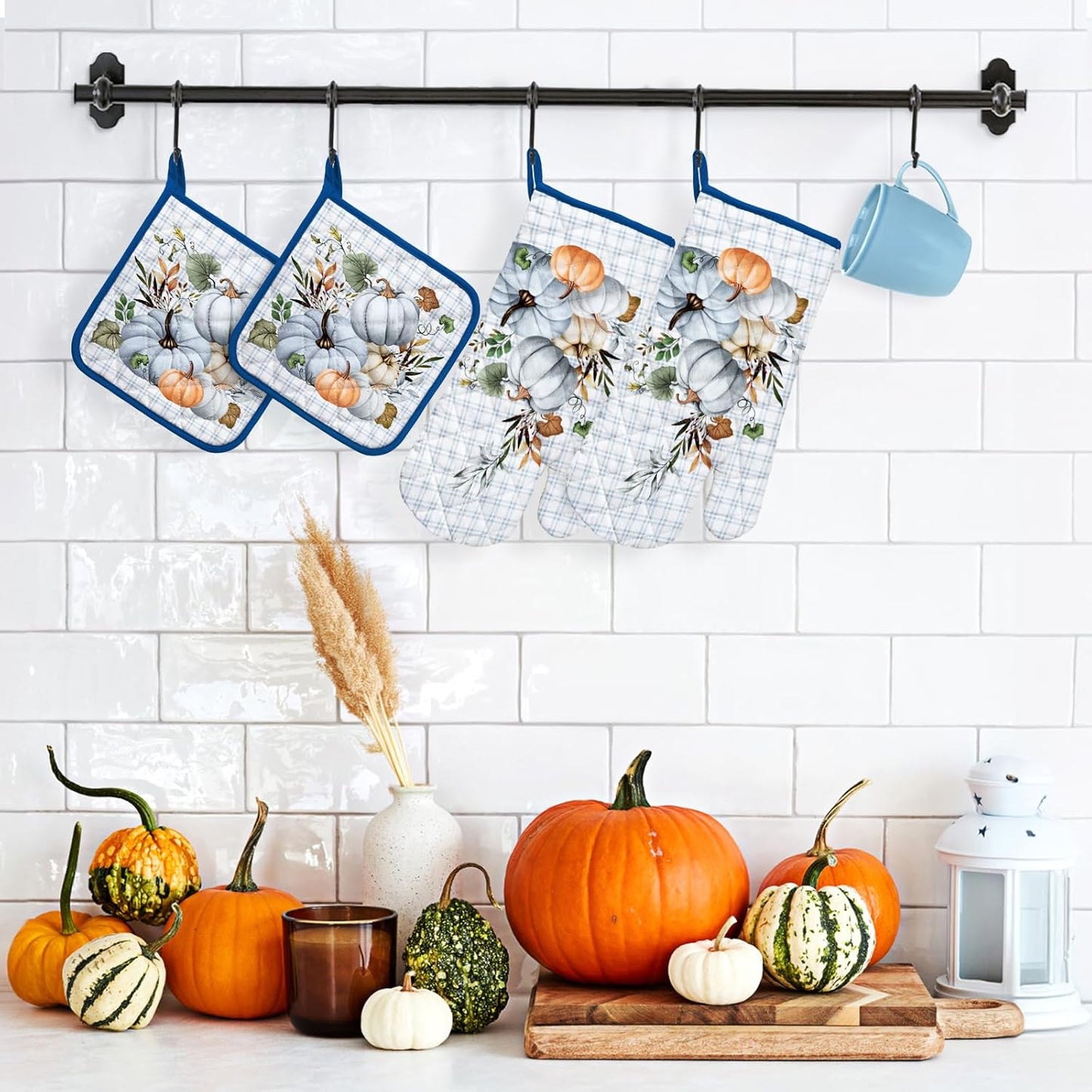 Blue Fall Pumpkin Oven Mitts and Pot Holders Sets 4Pcs, 100% Cotton Heat Resistant, Extra Long Oven Gloves Potholder for Thanksgiving Kitchen Cooking Baking Decoration