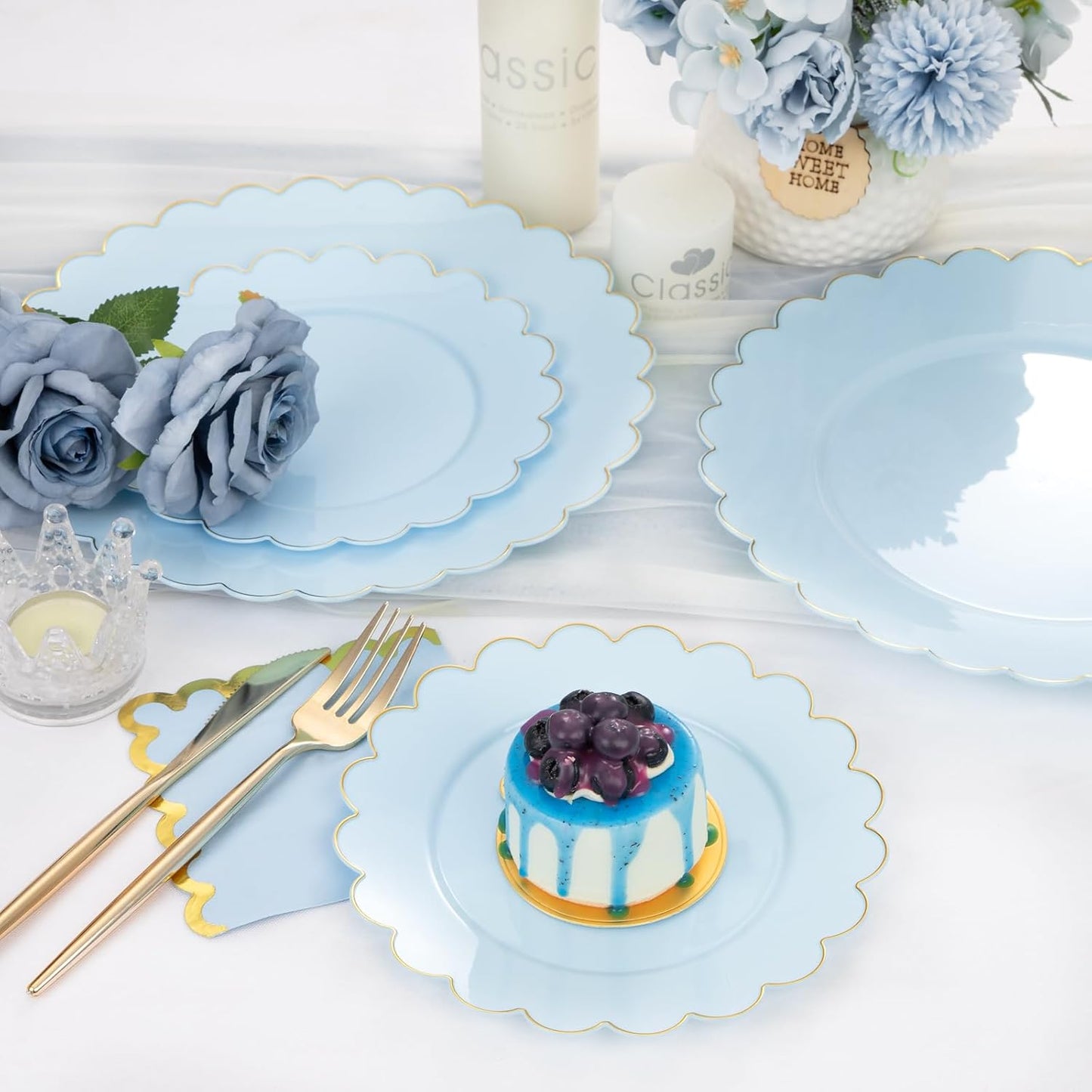 LIYH 210 Pcs Light Blue Plastic Dinnerware Set - Baby Blue Plastic Plates Napkins with Gold Foil Include Bridal Shower Plates Disposable Gold Silverware Napkins Cups for Birthday 30 Guests