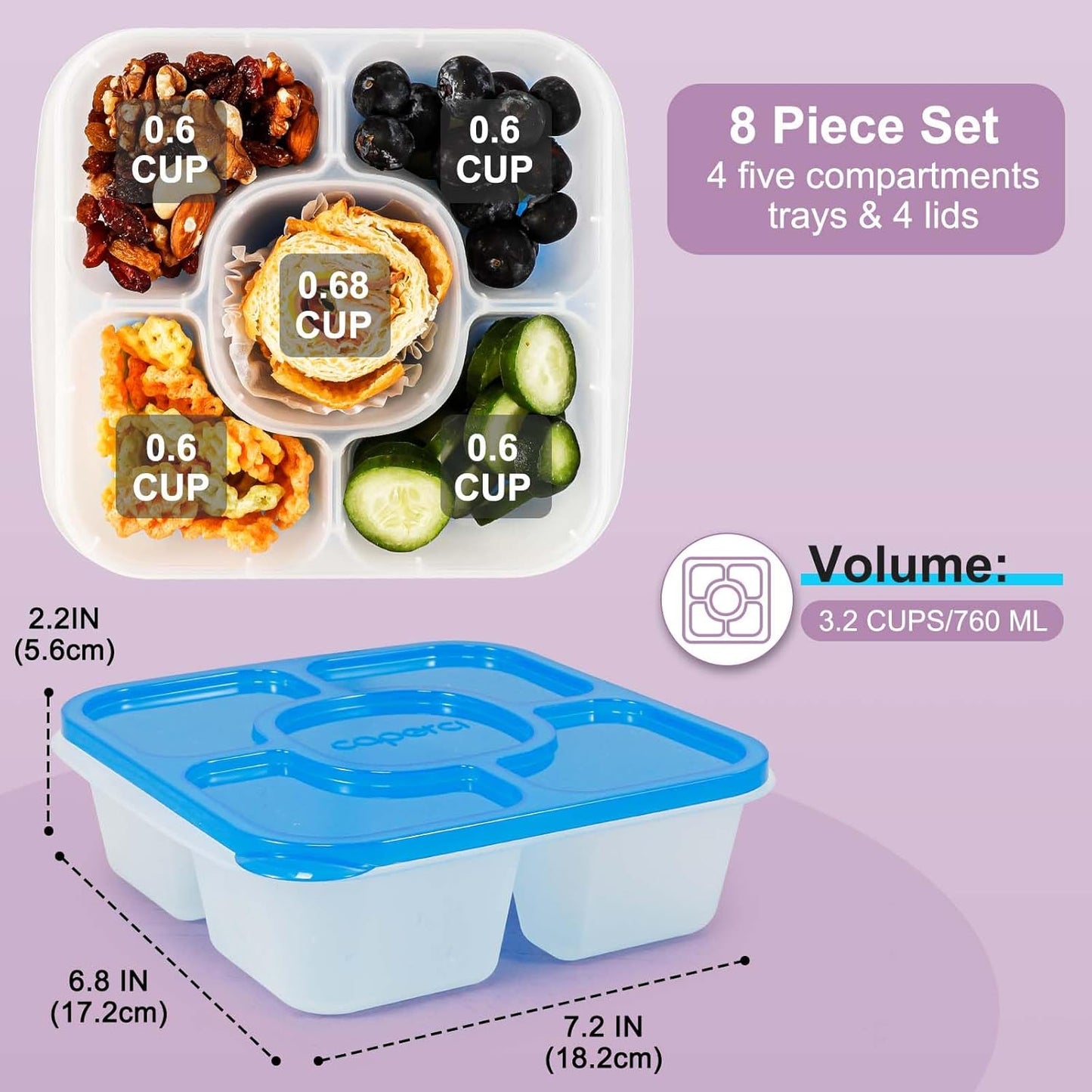 Caperci Original Lunchable Snack Containers - Bento Snack Boxes with 5-Compartment, Reusable Food Containers for School, Work and Travel, BPA-Free, Set of 4 (Classic)