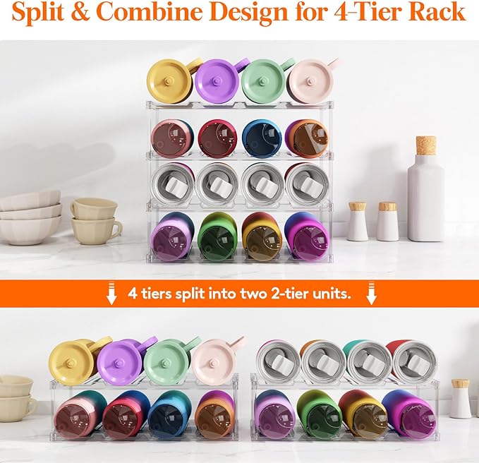 Lifewit Stackable Water Bottle Storage Organizer, Clear Tumbler Cup Mug Organizer, Plastic Large Compartment Wine Rack for Fridge Cellar Kitchen Pantry Storage, 4Tier Hold 16