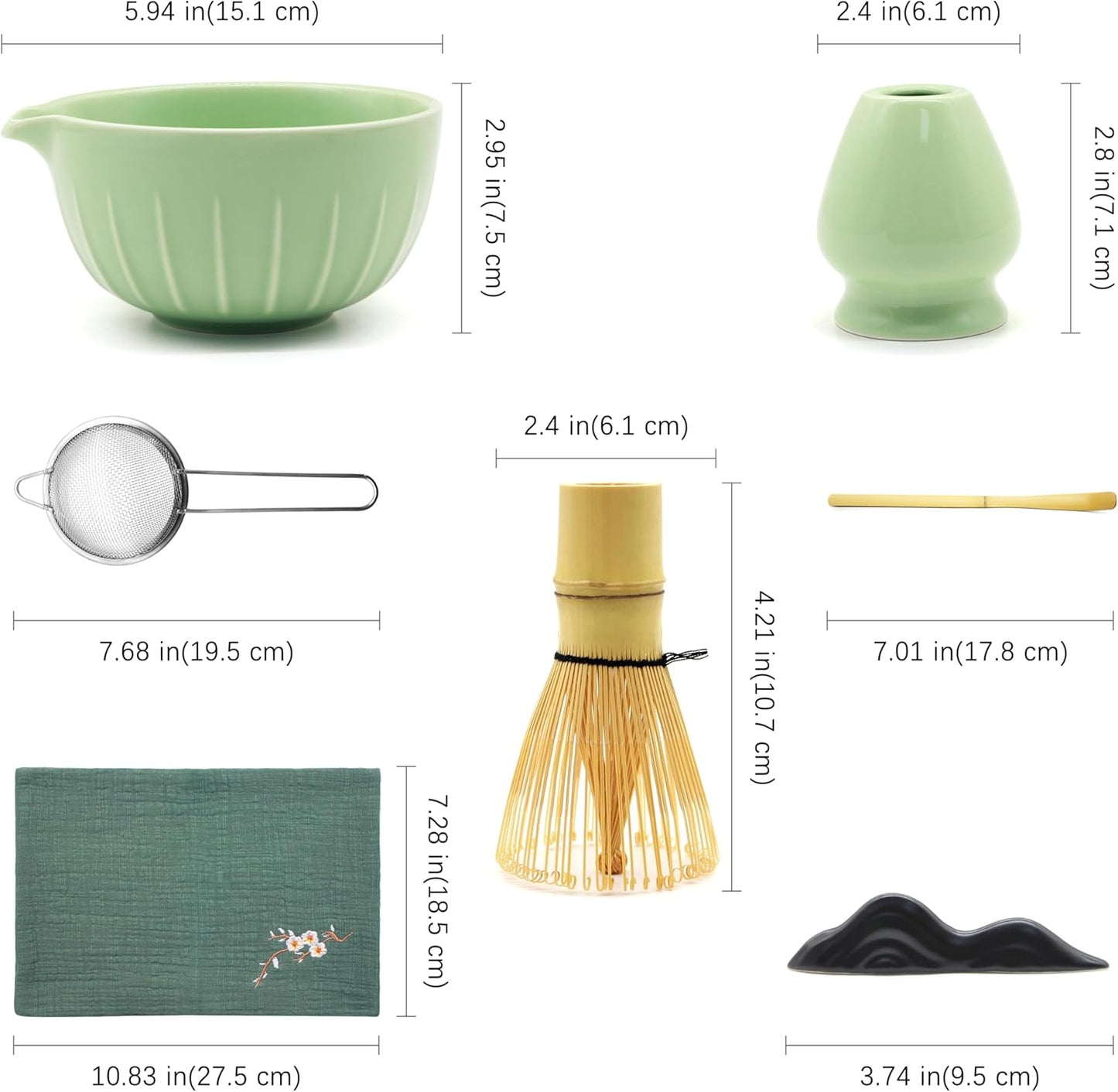 Matcha Whisk Set 7 Pcs - Ceramic Matcha Set with Bowl, Whisk, Holder, Bamboo Scoop, Rest, Sifter, and Tea Towel – Elegant Matcha Kit Gift for Women