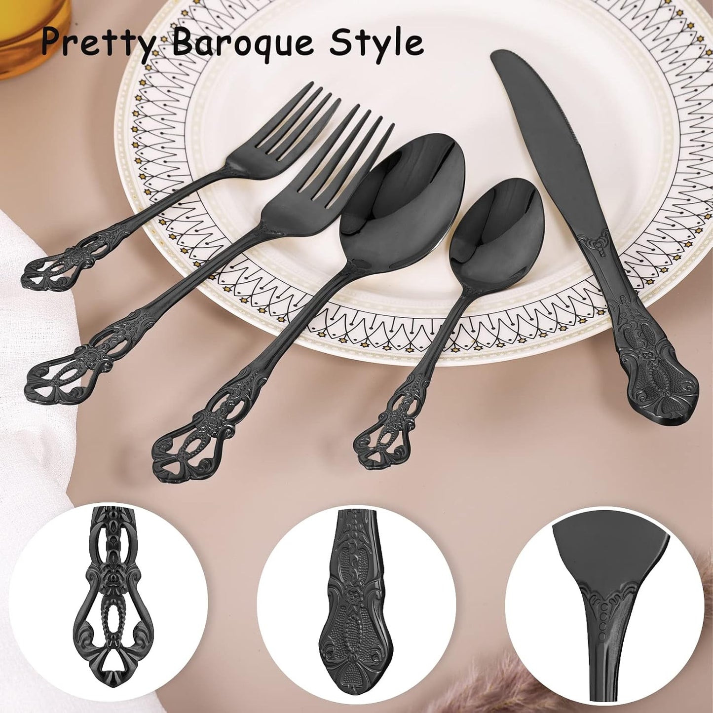 Black Silverware Set for 12, Stainless Steel Gorgeous Retro Royal Flatware Set, 60-Pieces Cutlery Tableware set, Kitchen utensils set Include Spoons And Forks Set, Mirror Finish, Dishwasher Safe