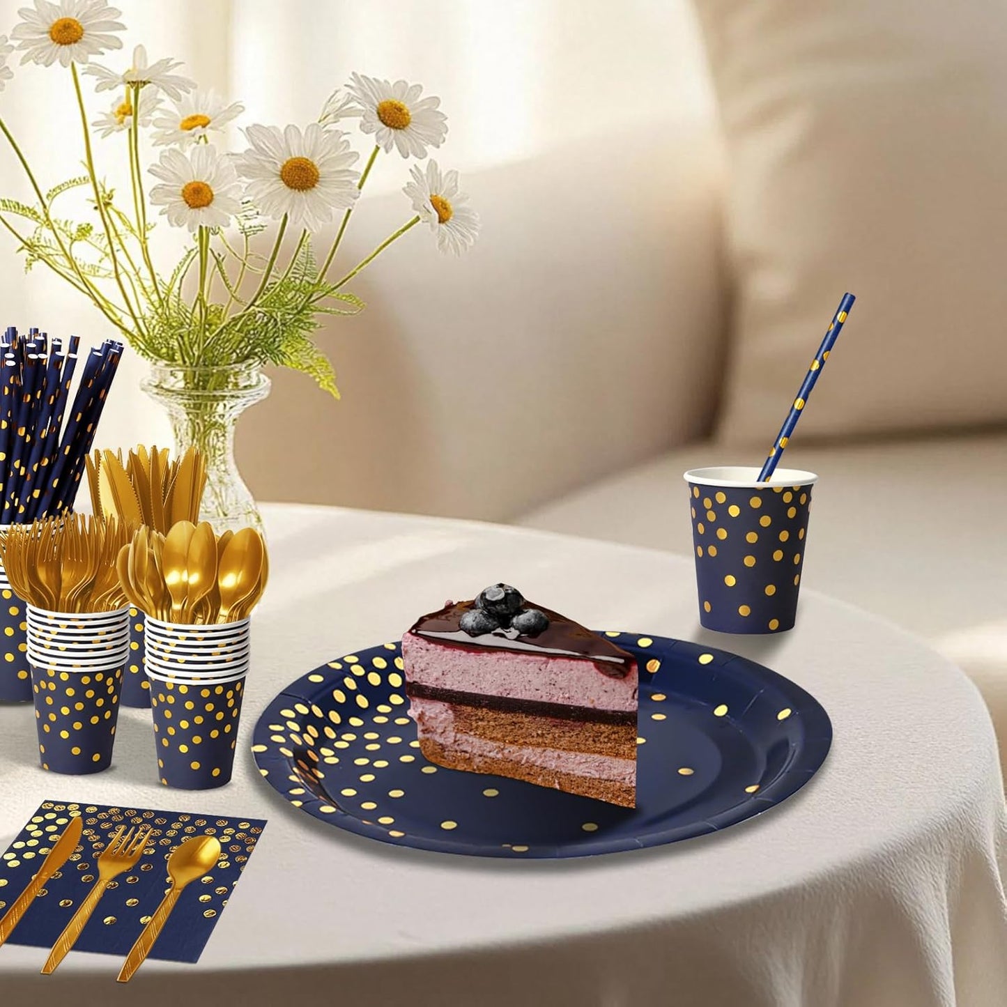 Paper Plates and Napkins Set, 193 Pieces Navy Blue Gold Party Supplies Includes Paper Plates Cups Napkins Straws and Cutlery for Birthday Wedding Holidays Parties Decorations-24 Guests