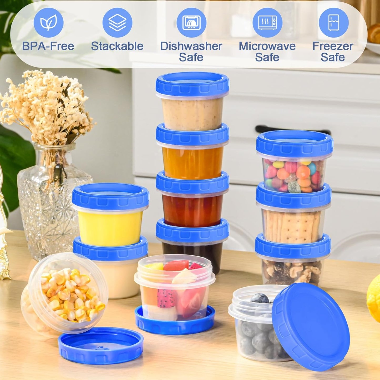 12 Pcs 4 oz Plastic Containers with Screw Lids, Reusable 1/2 Cup Small Food Storage Containers, Airtight Freezer Containers, Microwave & Dishwasher Safe, with Pen and Brush