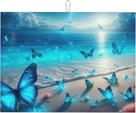 Blue Butterfly Beach Dish Drying Mat 18x24 Inch, Microfiber Absorbent Fast Dry Mat Large Dish Mat Drying Kitchen Mat, Kitchen Drying Pad for Kitchen Counter Coffee Bar Decor Gifts