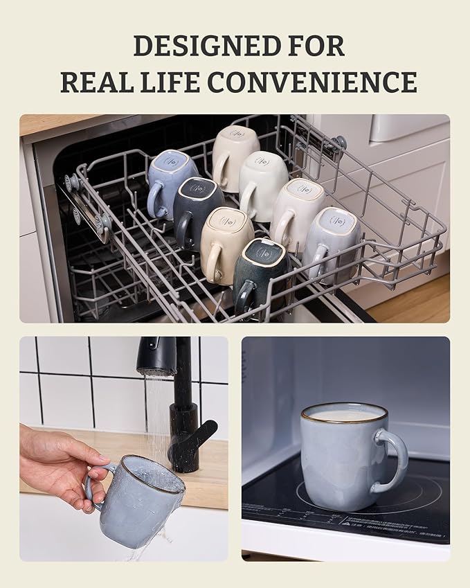 famiware Coffee Mugs Set of 4, Ocean Square 13oz Coffee Cup Set with Handle for Cocoa, Milk, Hot Chocolate, Tea, Water, Stoneware Cups for Kitchen, Microwave and Dishwasher Safe, Blue