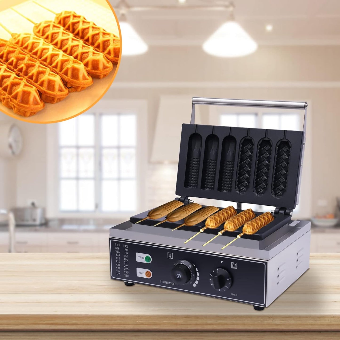 110V Nonstick 2-Shape Commercial Electric 6pcs Hot Dog Maker Machine Waffle Baker Electric Waffle Maker Muffin Machine Corn Dog for Family Breakfast Gift 1500W