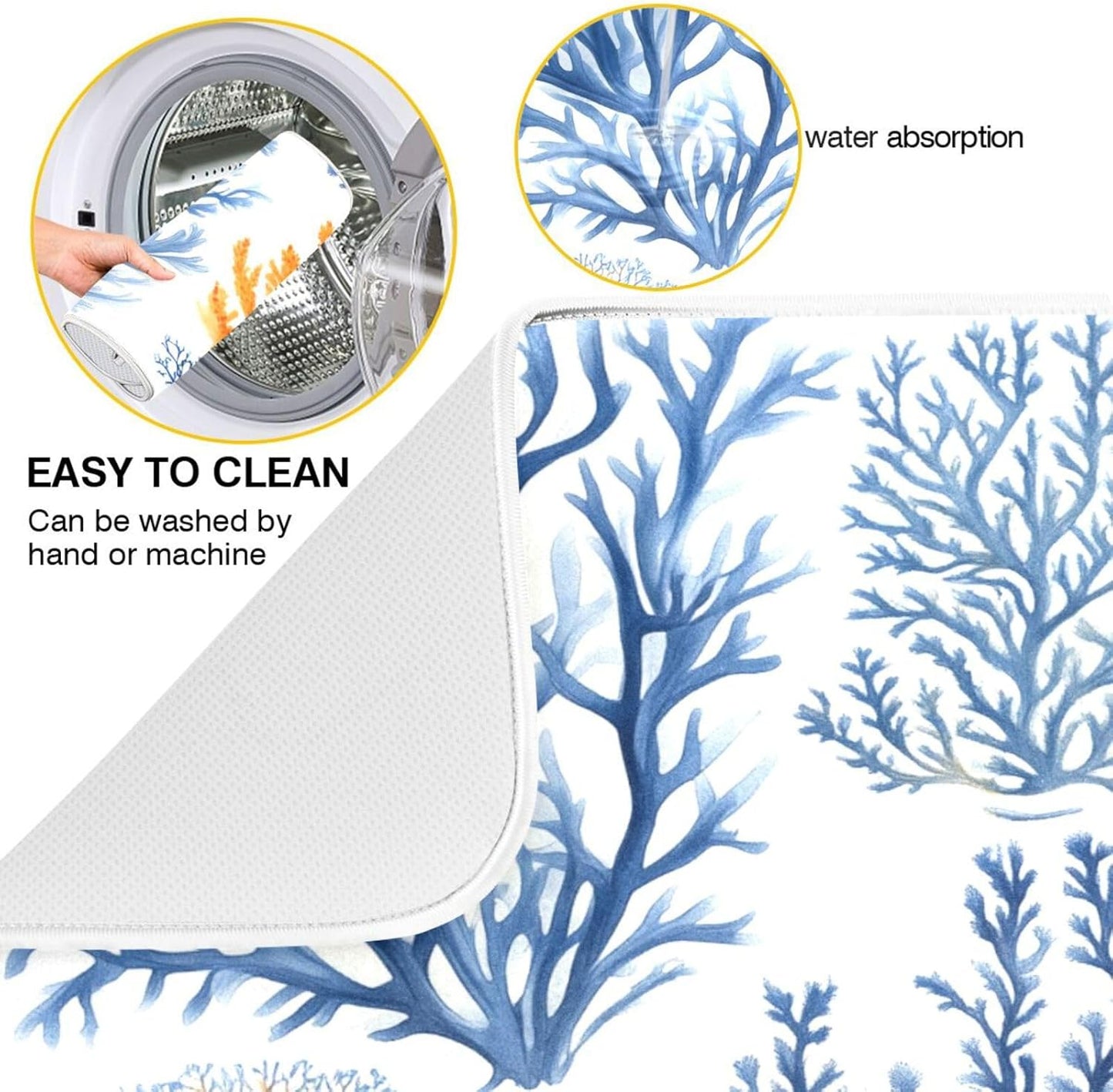 Coral and Seaweed Dish Drying Mat for Kitchen Counter Super Absorbent Dishes Pad Reversible Microfiber Protector Dish Draining Mats 16x18 inch