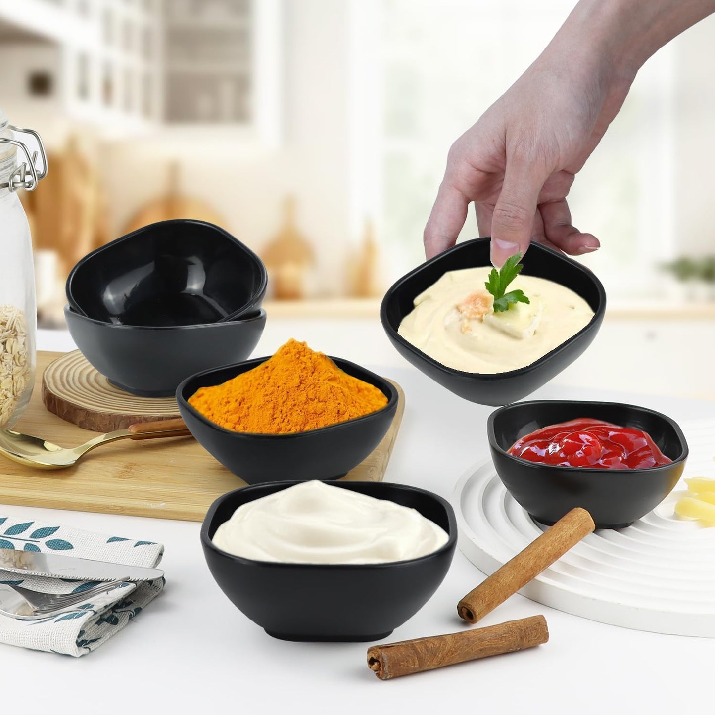 Wrova 6 pack wheat straw dipping bowls 5oz,alternative plastic soy sauce dishes,unbreakable small dessert bowls microwave and dishwasher safe for snack,sushi,condiment (Black Series)