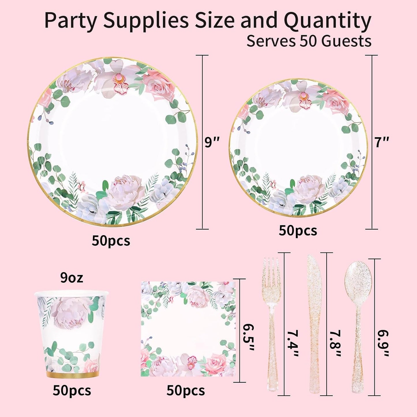 350 PCS Floral Plates and Napkins Party Supplies Serve 50 Flower Disposable Paper Dinnerware Sets for Adults Bridal Shower Decorations Baby Shower Birthday Wedding Engagement Tea