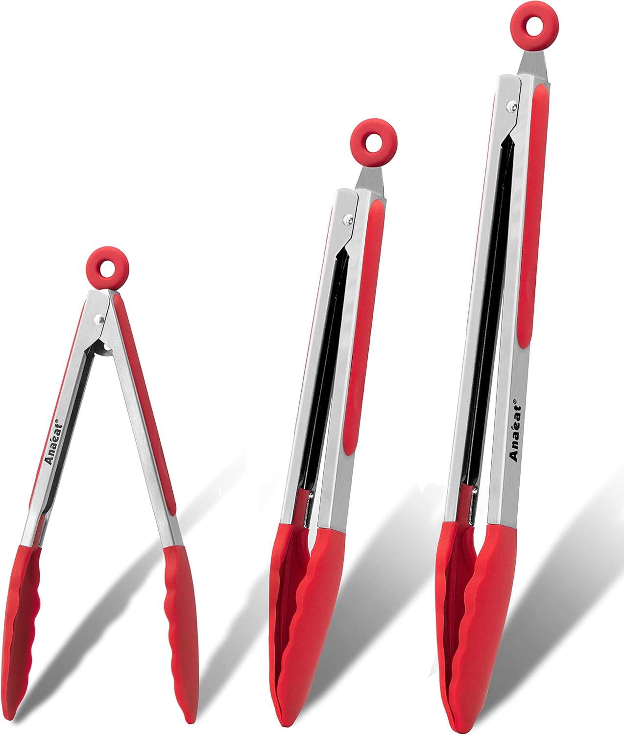 Anaeat Non-Stick Silicone Locking Tong Set of 3 - Stainless Steel 7", 9" and 12" Kitchen Food Tongs with Non-Slip Silicone Tips and Grip for Cooking, Baking and BBQ - Heat Resistant up to 480°F (Red)