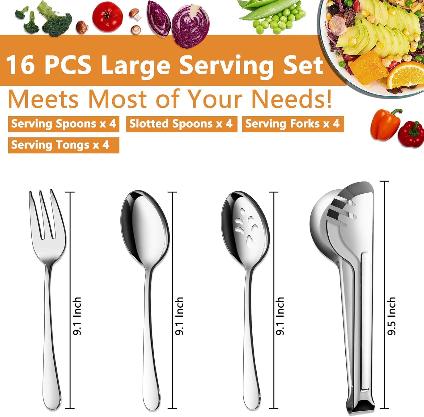 BEWOS Serving Utensils, 16-Piece Large Serving Set, 9.1” Serving Spoons, 9.1” Slotted Spoons, 9.1” Serving Forks, 9.5” Serving Tongs, Stainless Steel Serving Utensils Set for Parties, Dishwasher Safe