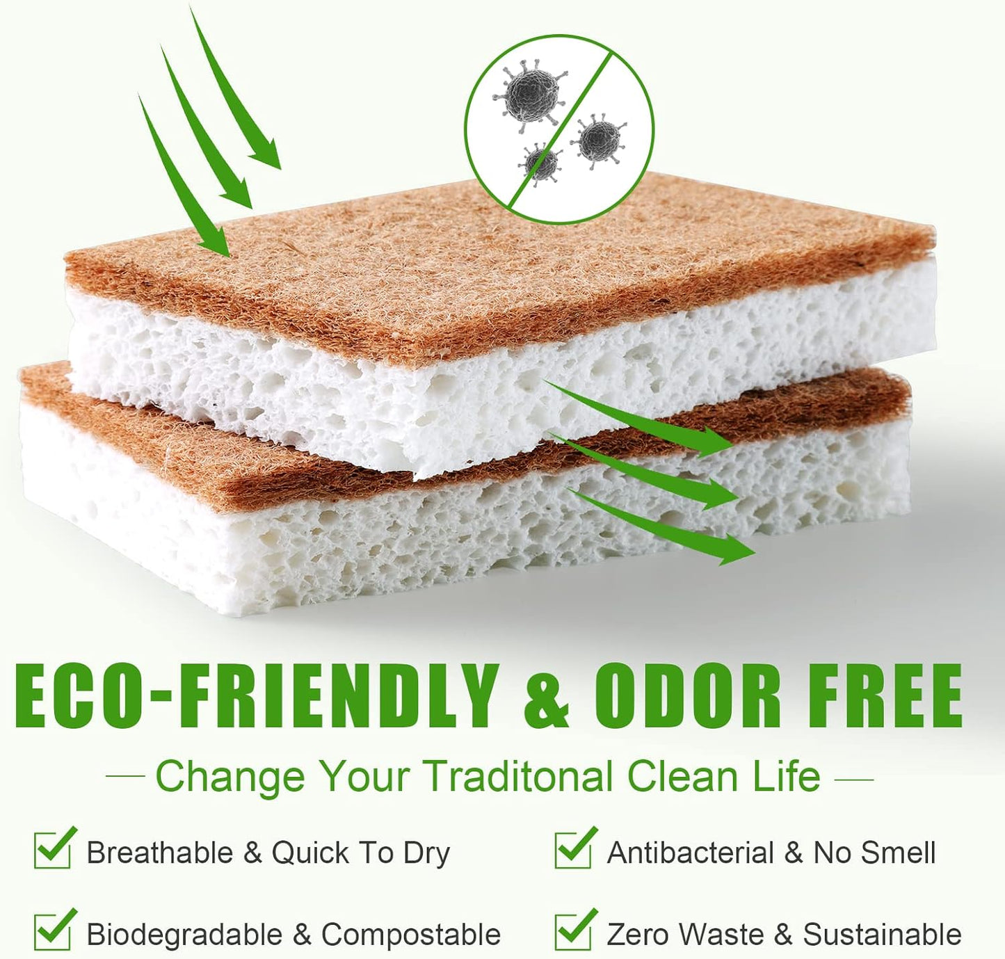 Biodegradable Natural Kitchen Sponge，Eco Friendly Sponges for Dishes,Compostable Cellulose Sponge with Natural Plant Based Coconut Walnut Sustainable Scrubber Pack of 12