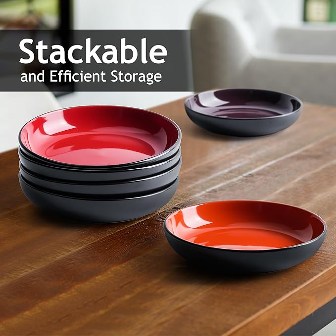 MIAMIO – 30 Oz / 8.6 Inch Set of 6 Pasta Bowls/Salad Bowls, Pasta Plates Wide and Shallow Bowl, Large Ceramic Stoneware Deep Plate Serving Soup - Le Papillon Collection (Mixed)