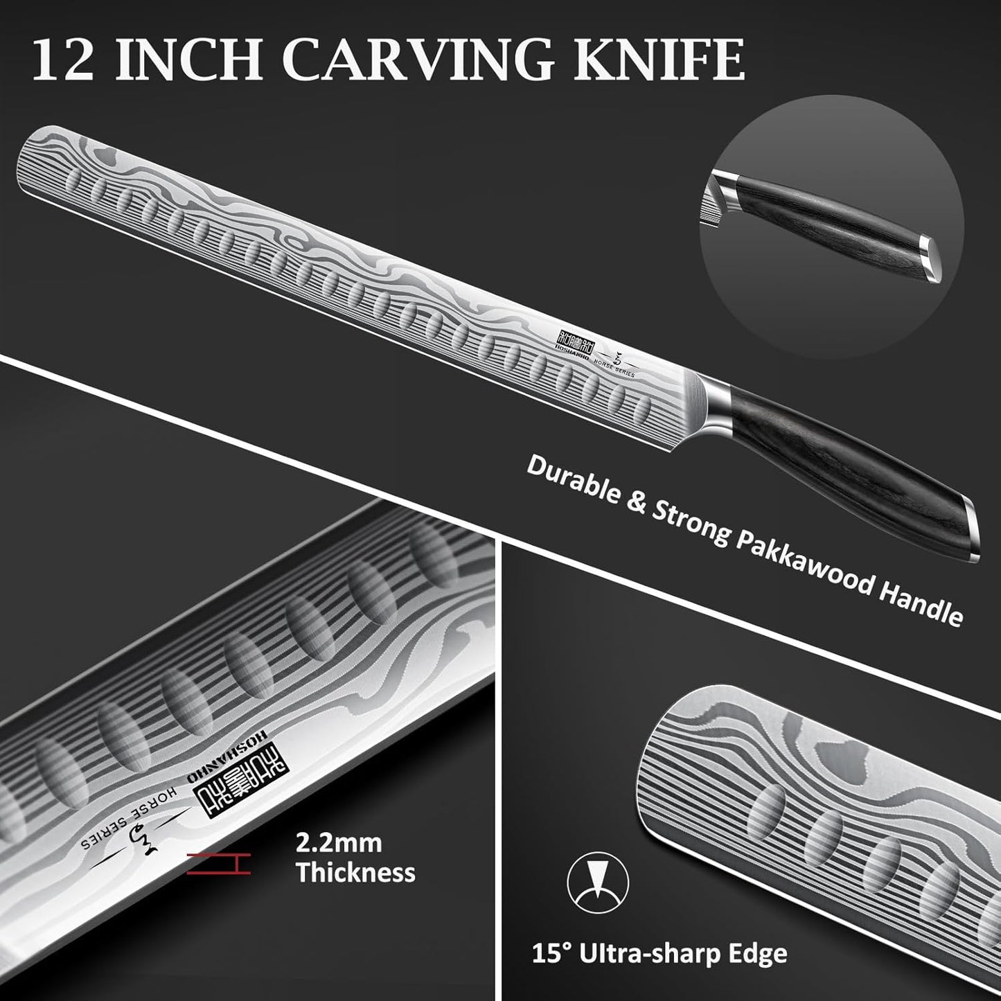 HOSHANHO 12 Inch Carving Knife, Razor Sharp Brisket Knife with Pakkawood Handle, Japanese High Carbon Powder Steel Slicing Knives for BBQ Brisket Turkey Ham Rib Roast