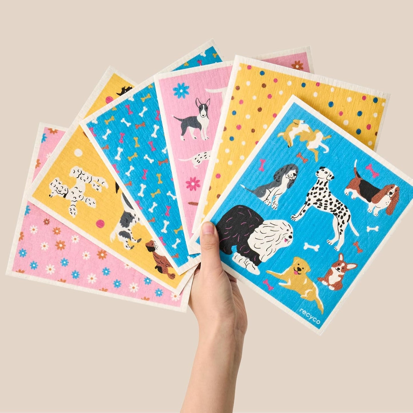 RECYCO Swedish Dishcloths for Kitchen | 6 Pack Doggy Daydreams Washable Dish Rags | Cellulose Reusable Cleaning Paper Towels | Absorbent Counter Dish Cloth Sponge Kitchen Wipes, 8" L x 7" W