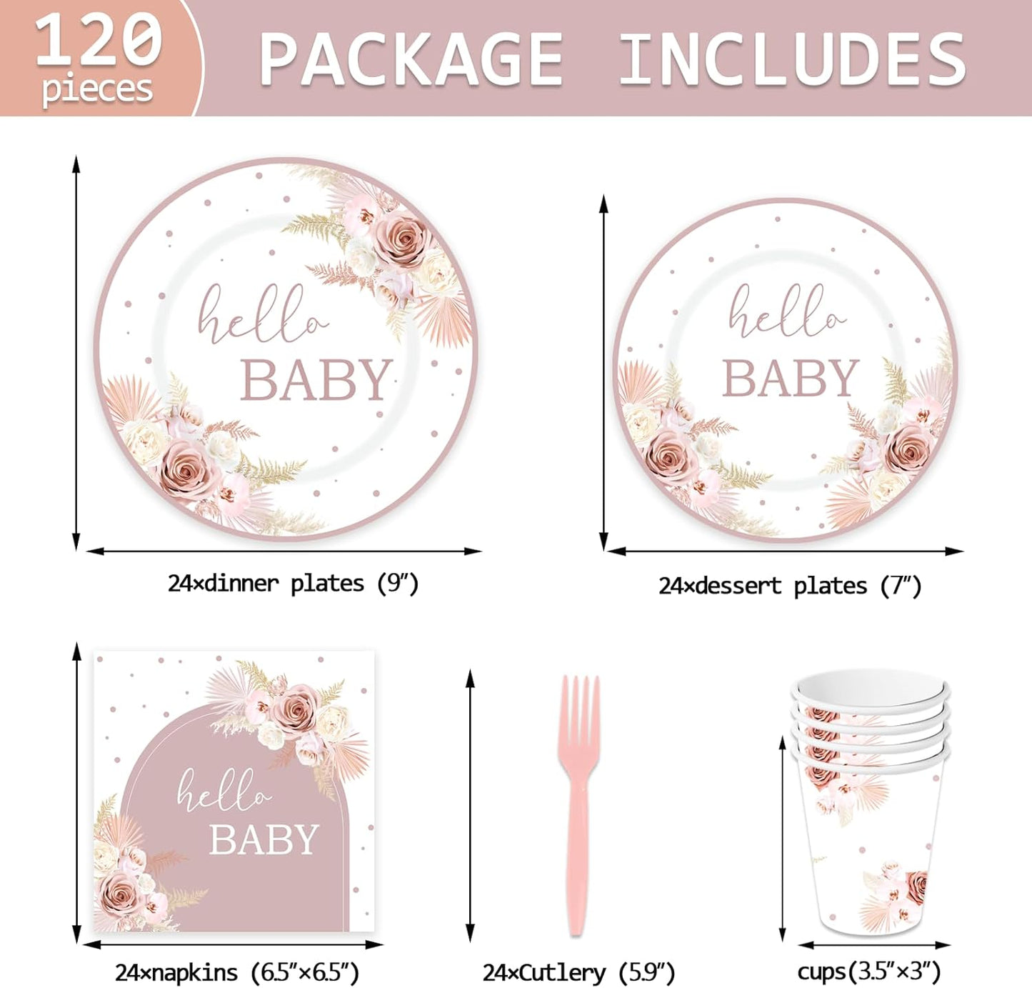 120PCS Boho Baby Shower Party Plates and Napkins Cups Hello Baby Shower Dinnerware Supplies Pampas Grass Floral Rainbow for Baby Girls Tableware Set for 24 Guests