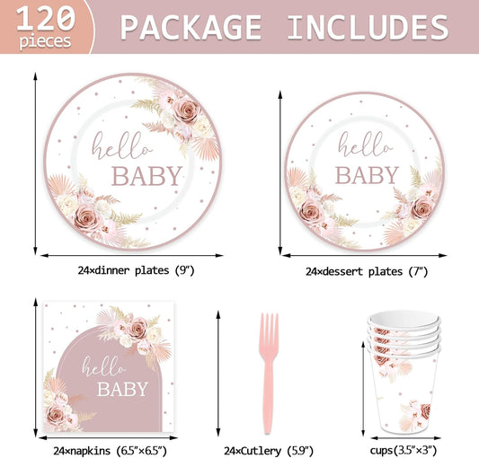 120PCS Boho Baby Shower Party Plates and Napkins Cups Hello Baby Shower Dinnerware Supplies Pampas Grass Floral Rainbow for Baby Girls Tableware Set for 24 Guests