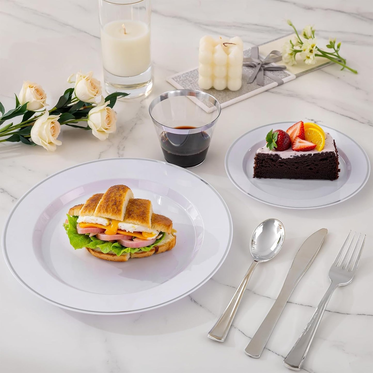 SUT 350 Pcs Silver Plastic Dinnerware Set for 50 Guests, Include: 50 Dinner Plates, 50 Dessert Plates, 50 Pre Rolled Napkins with Silver Silverware, 50 Cups, disposable plates for wedding, party