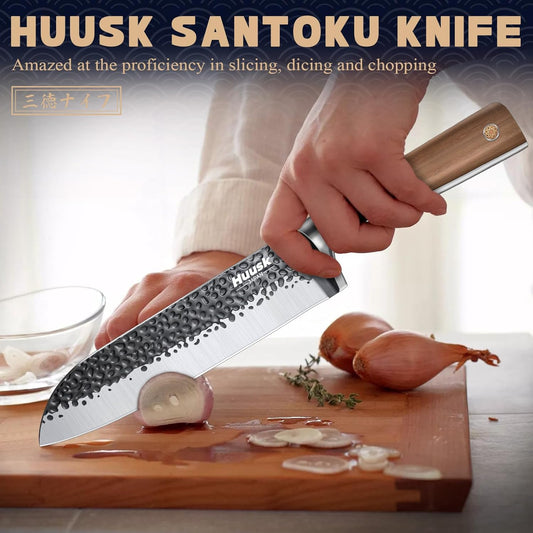 Huusk Santoku Knife 7 Inch Japanese Kitchen Knife Hand Forged Chopping Knives Razor Sharp Chef Knife for Vegetables Meat Home Cooking with Premium Present Box for Dad Mom