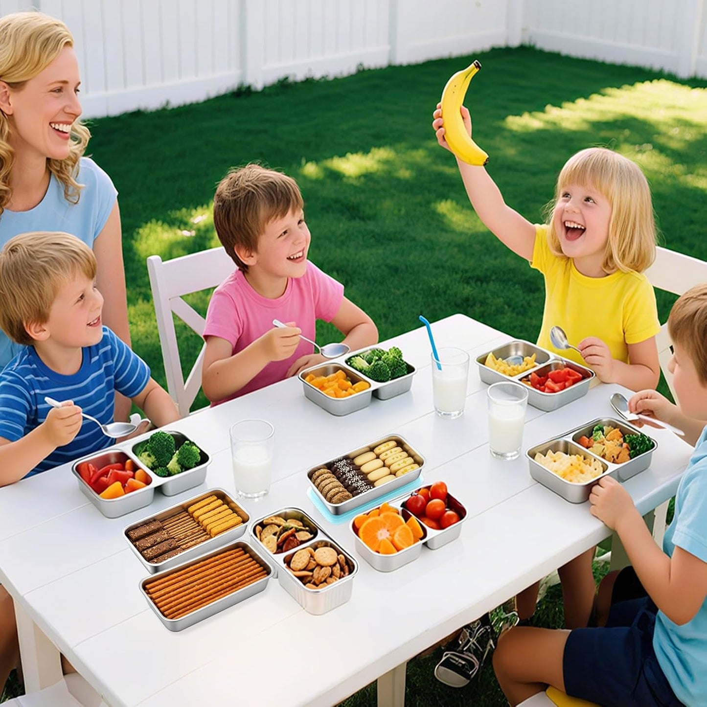 Stainless Steel Snack Containers with Lids, 1 Pack Reusable Lunch Box (1 Single + 1 Double Compartment) with Forks, Food Storage Bento Box for Work, Travel, Grab and Go, Leak Proof, Dishwasher-Safe