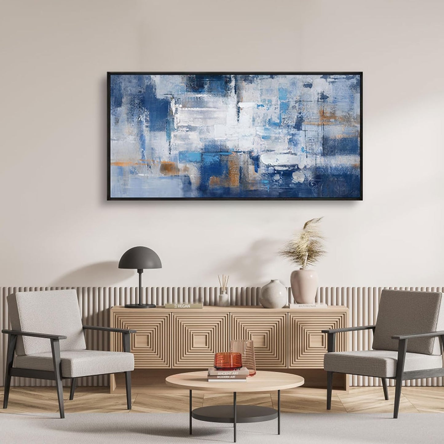 KLAKLA Navy Blue Abstract Canvas Wall Art - Black Frame Artwork Picture Living Room Wall Decor Modern Paintings Large Wall Art for Bedroom Home Decoration