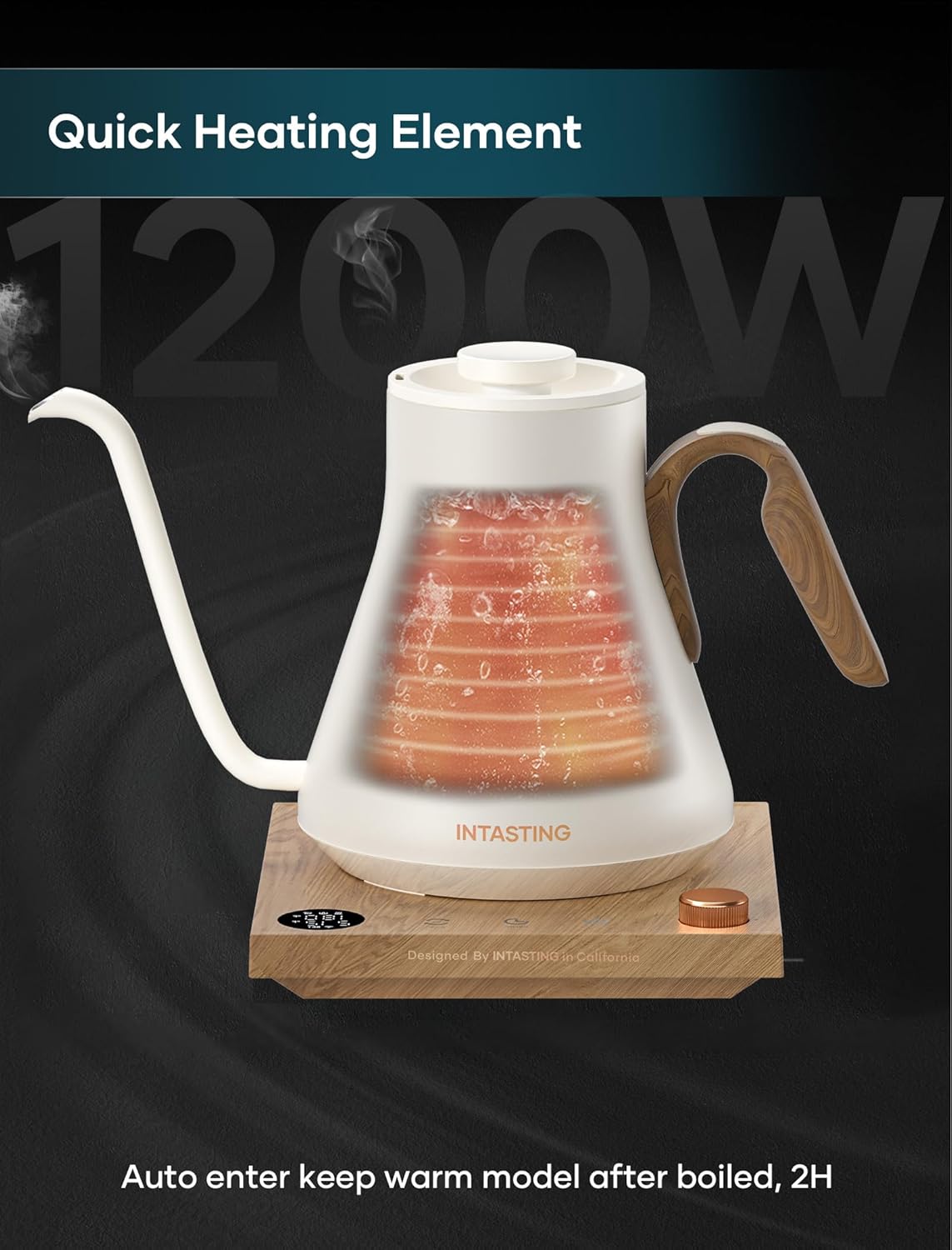 Electric Kettle, Gooseneck Electric Kettle, ±1℉ Precise Temperature Control, Stainless Steel Interior, Quick Heating for Pour Over Coffee, Tea & Boiling Water, 0.9L (Cream White & Wood)