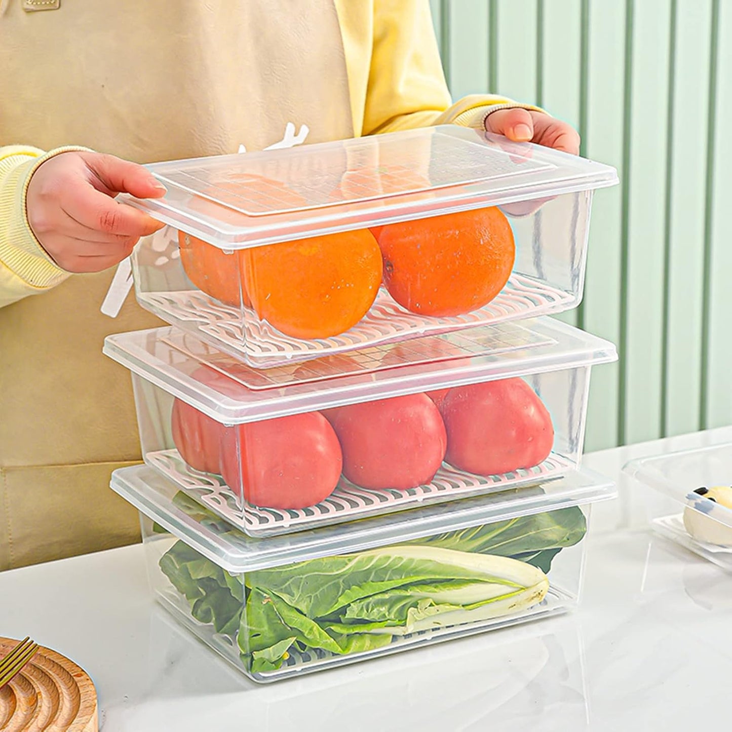 Food Storage Container, Plastic Food Containers with Removable Drain Plate and Lid, Stackable Portable Freezer Storage Containers - Tray to Keep Fruits, Vegetables, Meat (X-Large(4PCS))