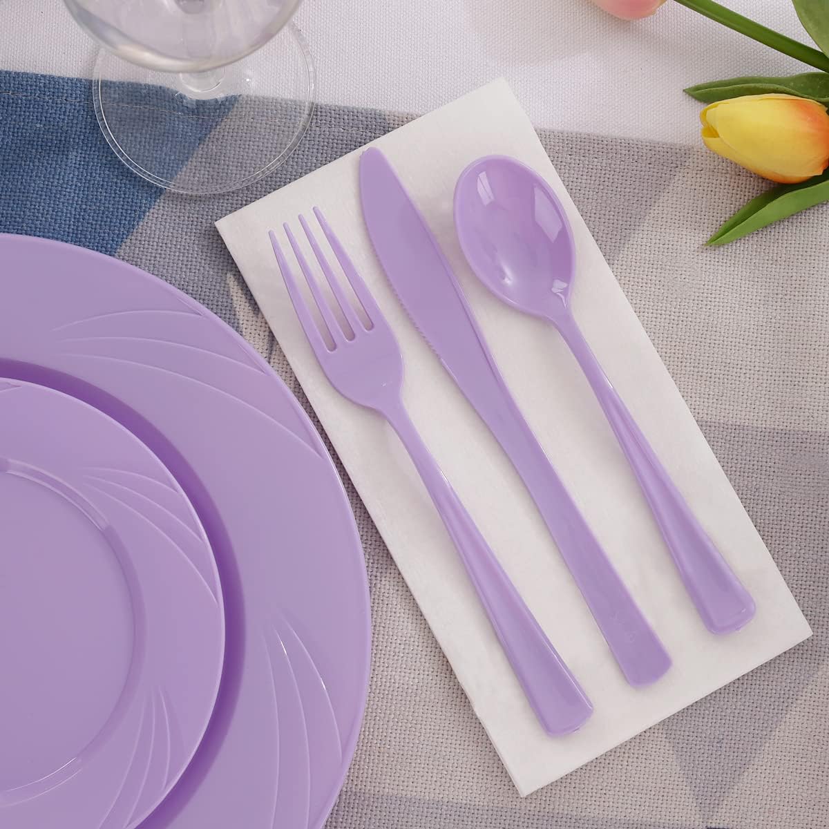 YOUBET 125PCS Purple Plastic Plates - Lavender Plate - Purple Plastic Silverware - Include 50 Dinner & Dessert Plates 25 Forks 25 Knives 25 Spoons for Wedding Birthday Parties