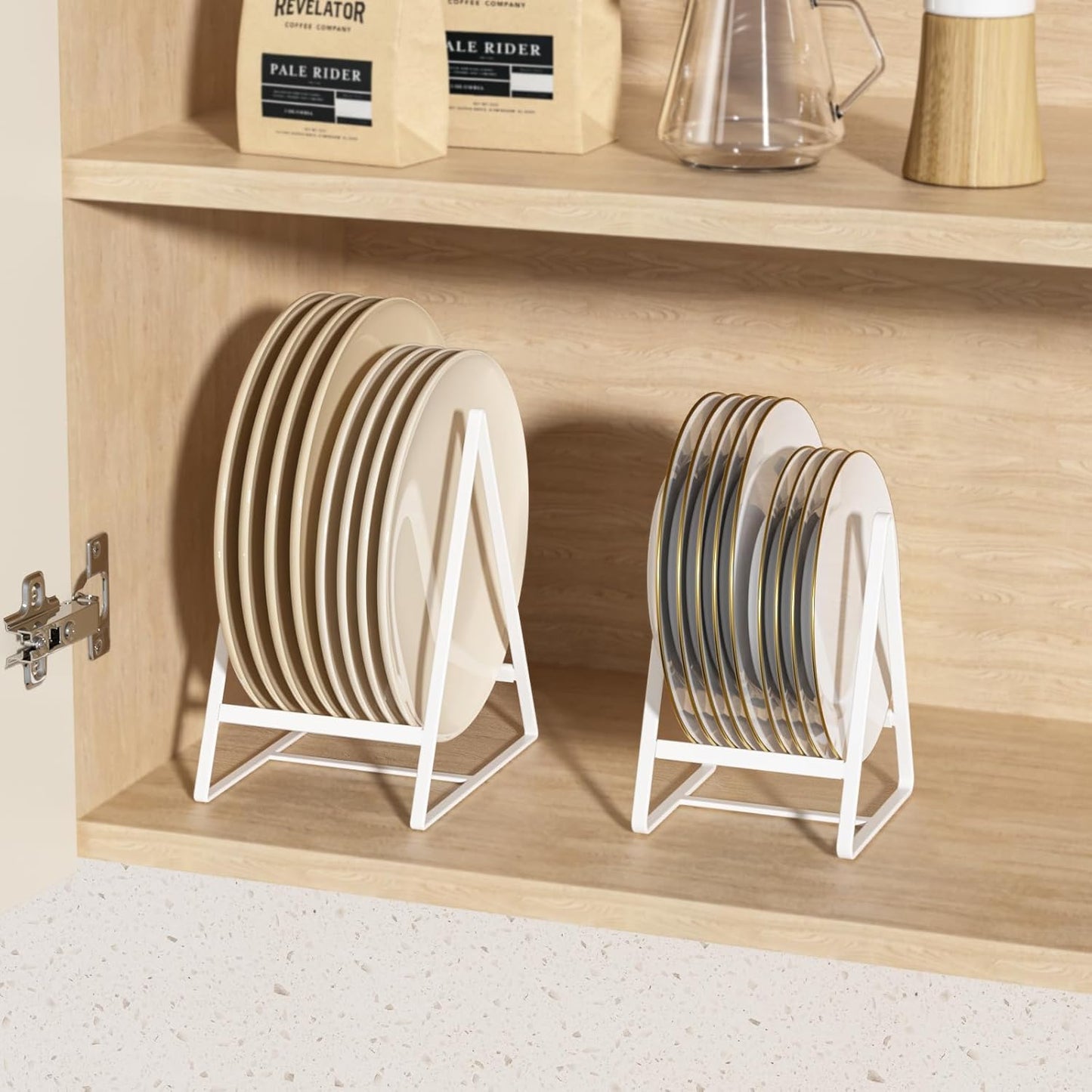 2 Large 1 Small Triangle Plate Holders Organizers Upright Cabinet Dish Drying Racks Metal Plate Dish Organizers Racks Stands for Countertop and Cupboard White