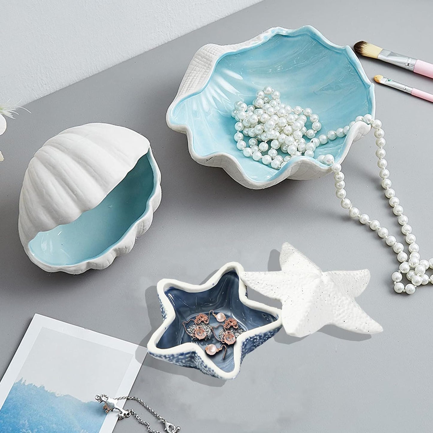 Starfish Ring Holder for Jewelry, Ceramic Trinket Tray Candy Dishes, Jewelry Tray Jewelry Plate, Bracelet Holder and Earring Organizer for Table Birthday Home Party Decor (C STYLE)