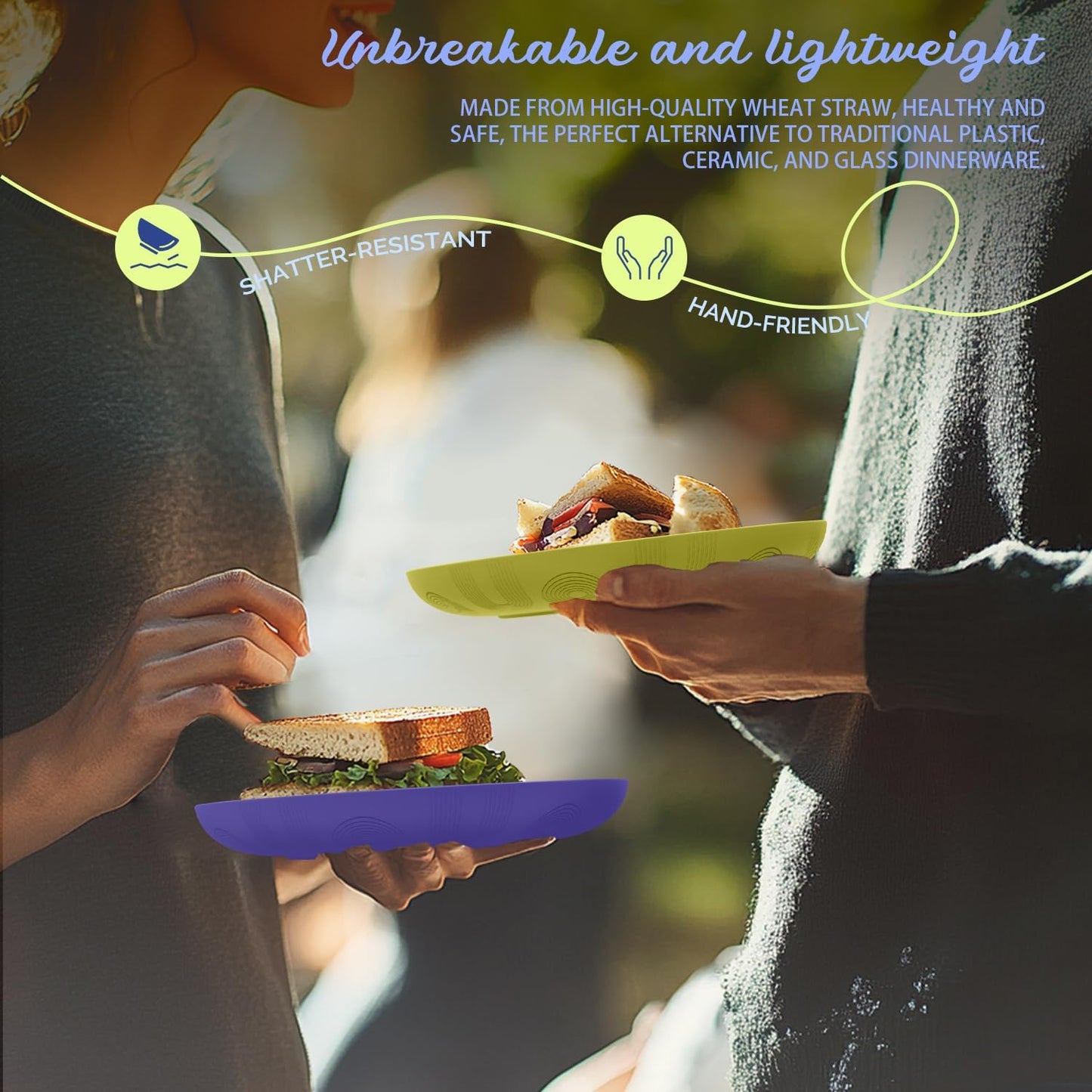 Homienly Deep Dinner Plate Wheat Straw Plates Set - 9 inch Alternatives to Plastic Plate Microwave Safe Plate with Textured Pattern, Unbreakable Plates for Kitchen Set of 4 - Mondrian Colors