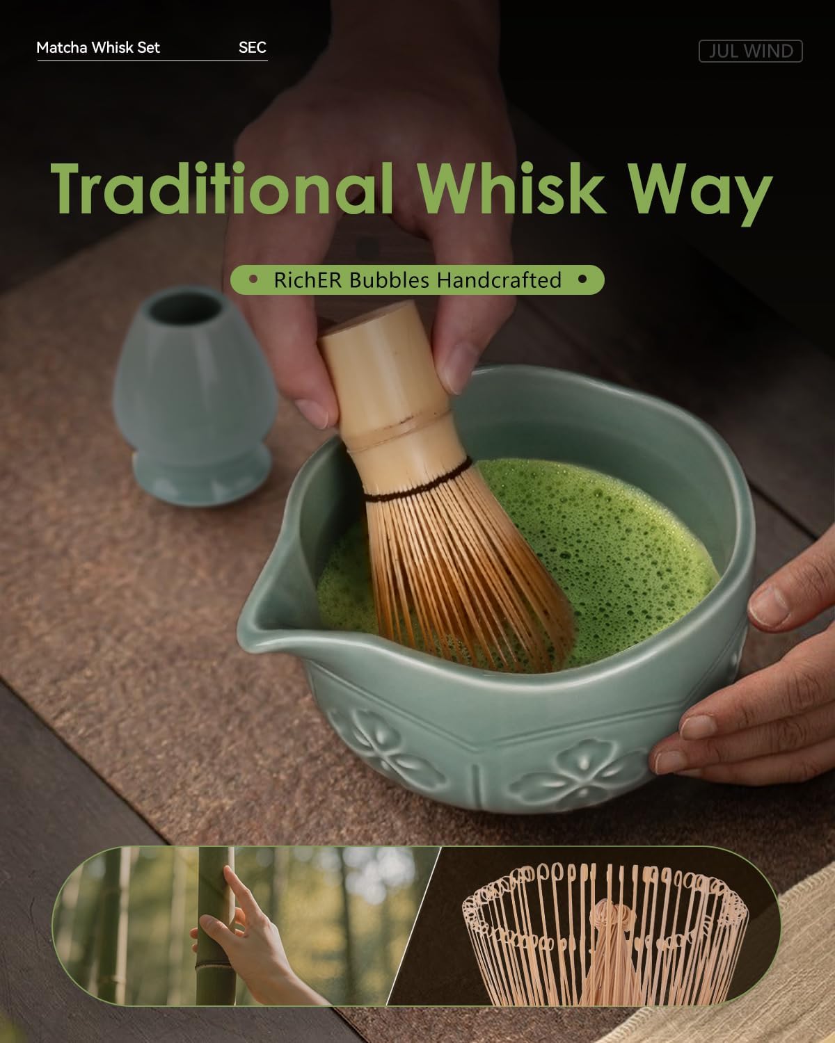 Matcha Whisk Set, Ceramic Matcha Set Includes Matcha Bowl with Spout, Matcha Whisk and Holder, Bamboo Scoop, Sifter and Tea Towel - 6 Pcs Matcha Kit Gift for Matcha Lovers Beginners (Green)