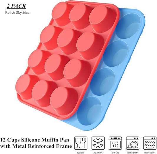 Bangp 12-Cup Silicone Muffin Pan with Metal Reinforced Frame,2 Pack Regular Size Cupcake Pan,Premium Non-Stick Bend Resistance Silicone Molds for Making Muffin,Cakes,Tart,Egg Bites (Red & Blue)