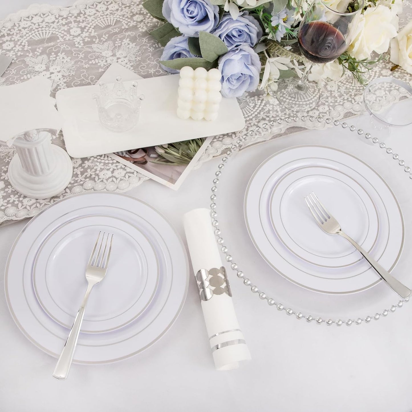 GATHER 350PCS Silver Plastic Plates - White and Silver Disposable Plates for 50 Guests Includes 50 Dinner Plates 50 Dessert Plate 50 Napkins 150 Silvery Cutlery and 50 Cups for Wedding & Party