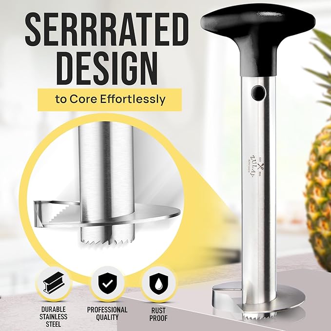 Zulay Kitchen Stainless Steel Pineapple Corer & Slicer – Heavy-Duty Pineapple Cutter with Reinforced Blade & Eye Removal Tool – Effortless Pineapple Core Remover & Slicer - Black