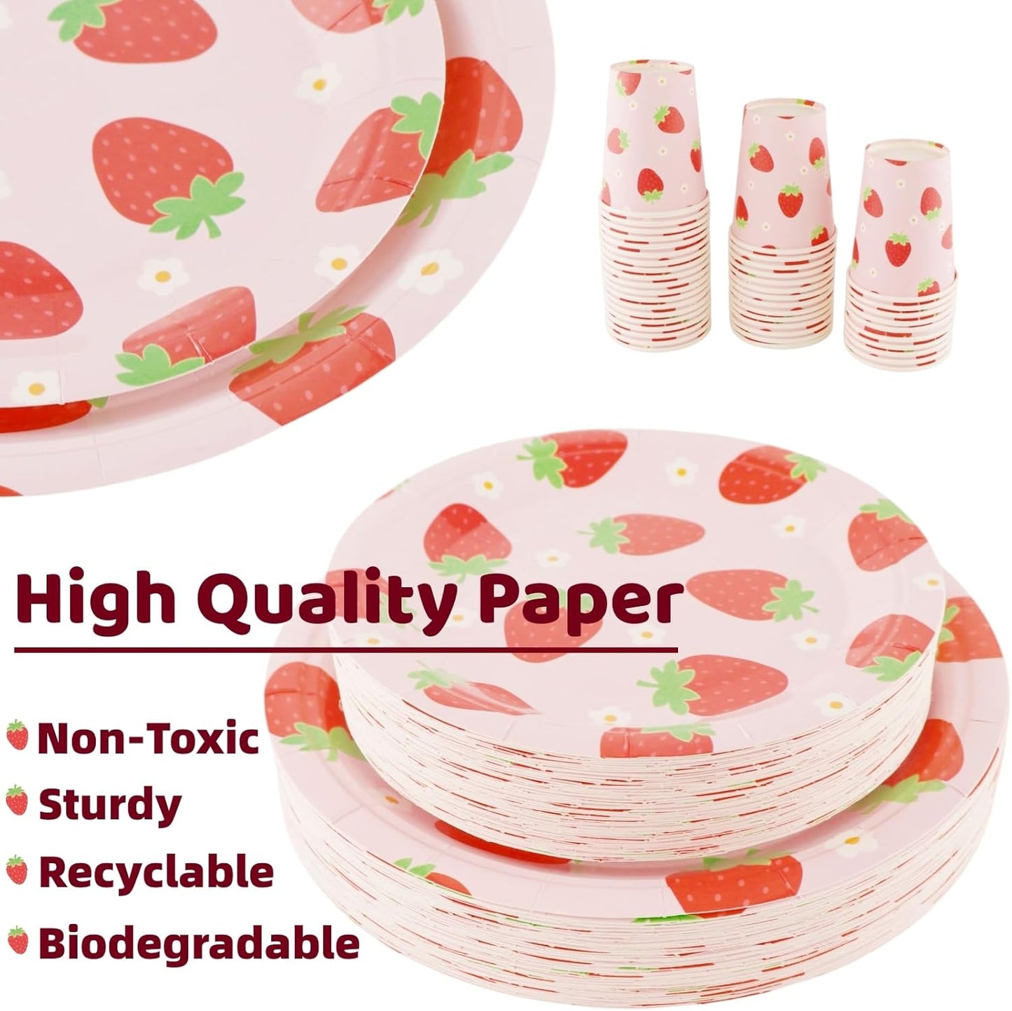 Strawberry Party Tableware Set - 200PCS Birthday Party Supplies Strawberry Disposable Paper Plates Dinnerware Set Dinner Plates Dessert Plates Cups Napkins for 50 Guests Baby Shower Fruit 1st